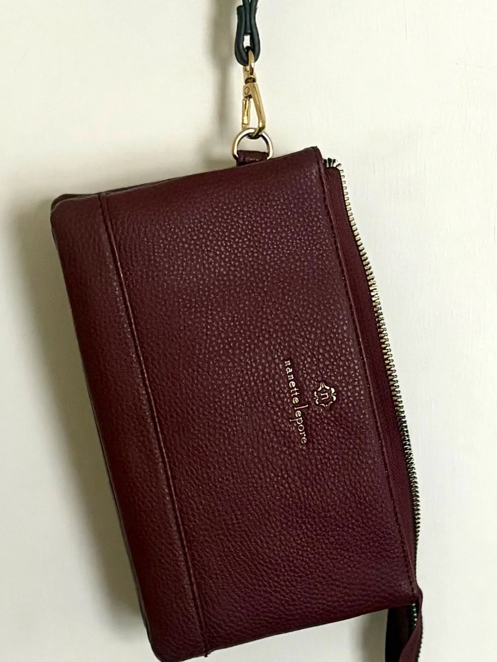 Nanette Lepore Wine Pebbled Leather Wristlet with Gold Hardware